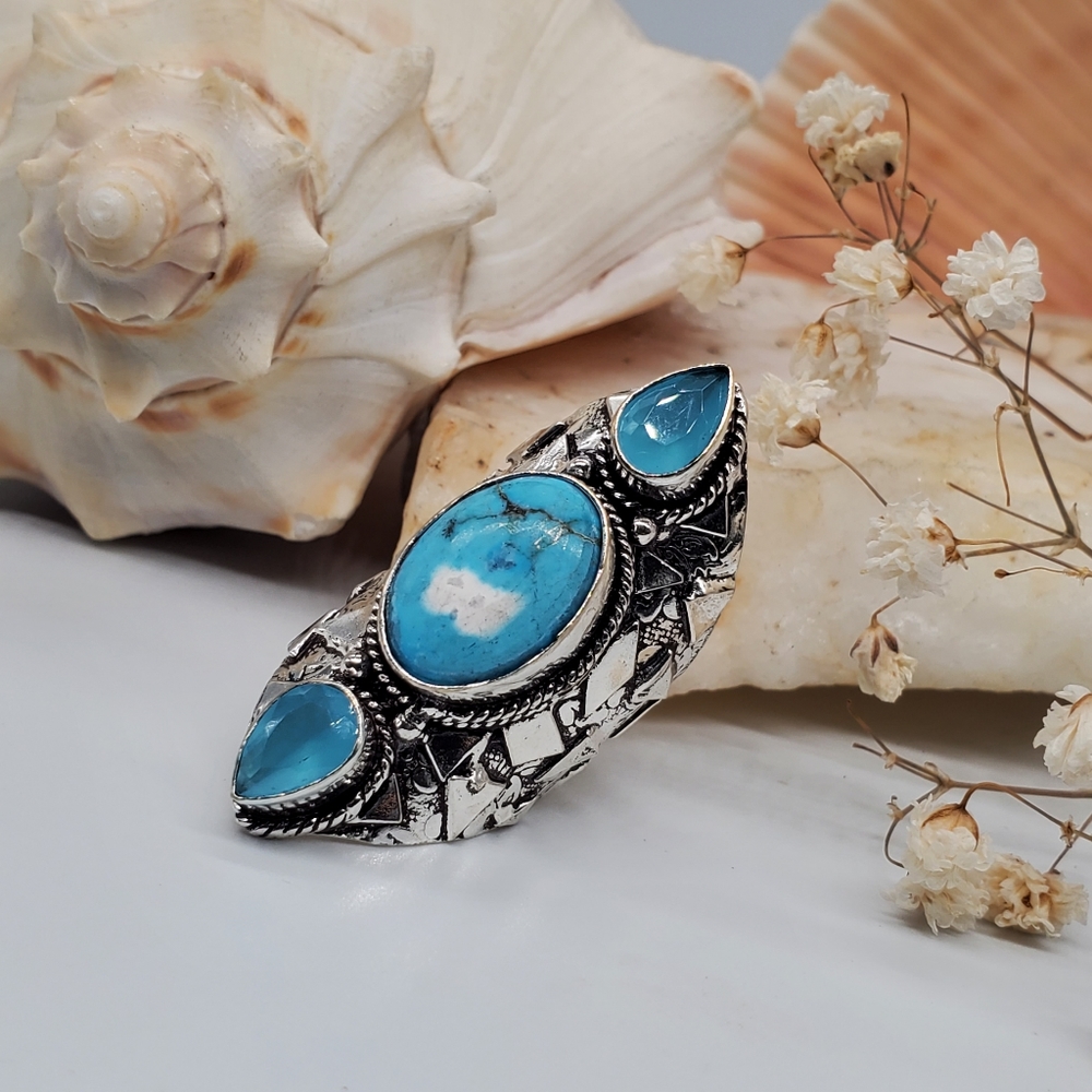 Natural Hawolite/Blue Chalcedony Quartz Stone 925  Silver Ring